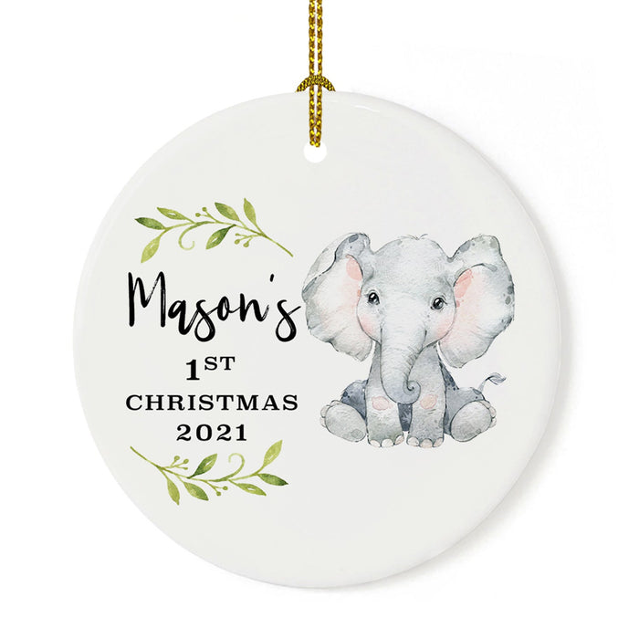 Custom 1st Christmas Tree Ornament 20XX Round Ceramic Baby's First Christmas Ornament-Set of 1-Andaz Press-Elephant-