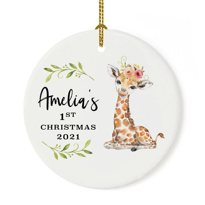 Custom 1st Christmas Tree Ornament 20XX Round Ceramic Baby's First Christmas Ornament-Set of 1-Andaz Press-Giraffe with Florals-