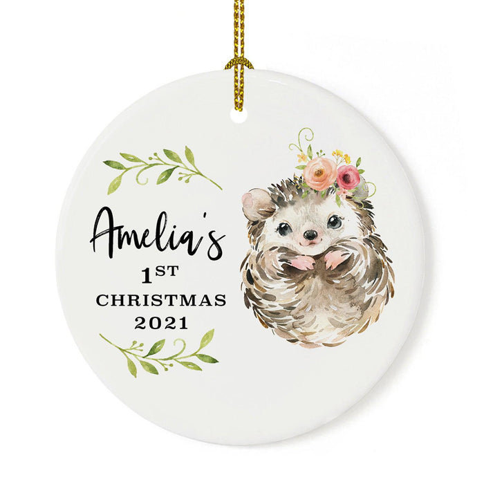 Custom 1st Christmas Tree Ornament 20XX Round Ceramic Baby's First Christmas Ornament-Set of 1-Andaz Press-Hedgehog with Florals-