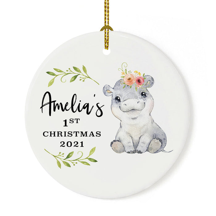 Custom 1st Christmas Tree Ornament 20XX Round Ceramic Baby's First Christmas Ornament-Set of 1-Andaz Press-Hippo with Florals-