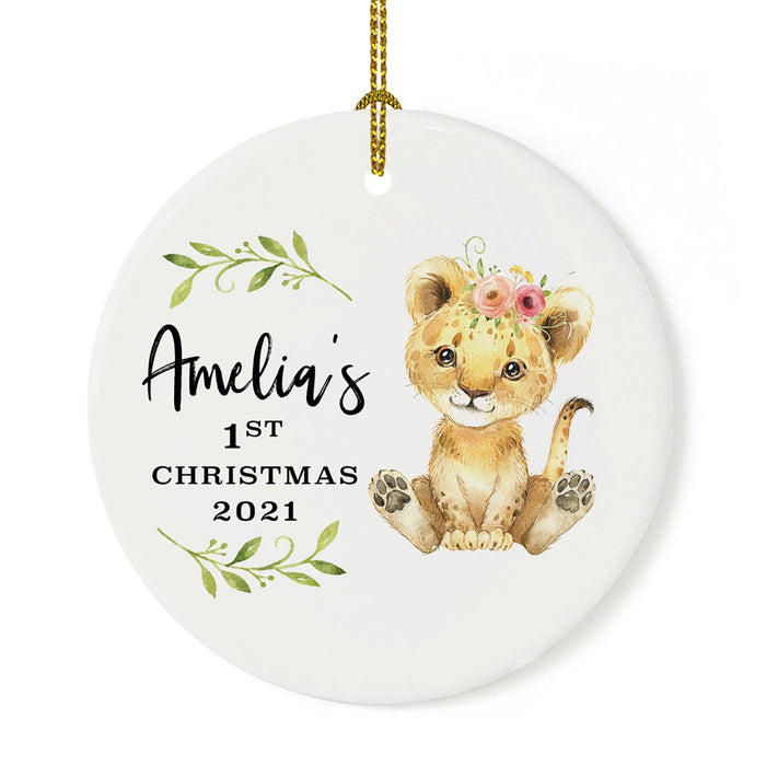 Custom 1st Christmas Tree Ornament 20XX Round Ceramic Baby's First Christmas Ornament-Set of 1-Andaz Press-Lion with Florals-