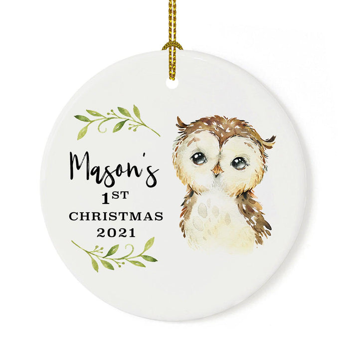 Custom 1st Christmas Tree Ornament 20XX Round Ceramic Baby's First Christmas Ornament-Set of 1-Andaz Press-Owl-