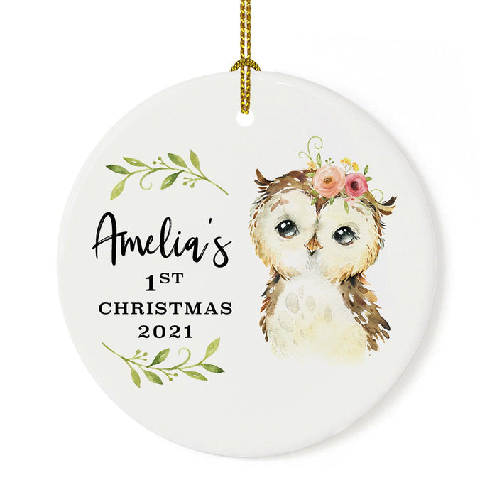 Custom 1st Christmas Tree Ornament 20XX Round Ceramic Baby's First Christmas Ornament-Set of 1-Andaz Press-Owl with Florals-