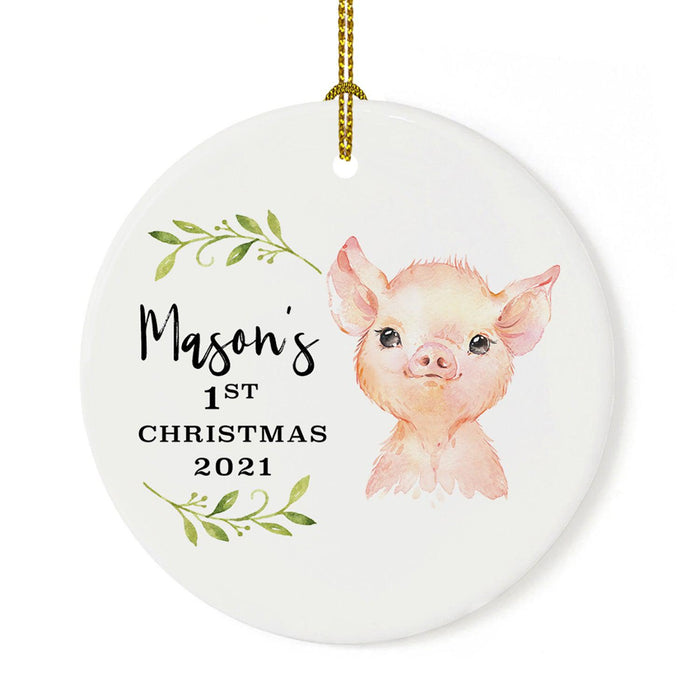Custom 1st Christmas Tree Ornament 20XX Round Ceramic Baby's First Christmas Ornament-Set of 1-Andaz Press-Piglet-