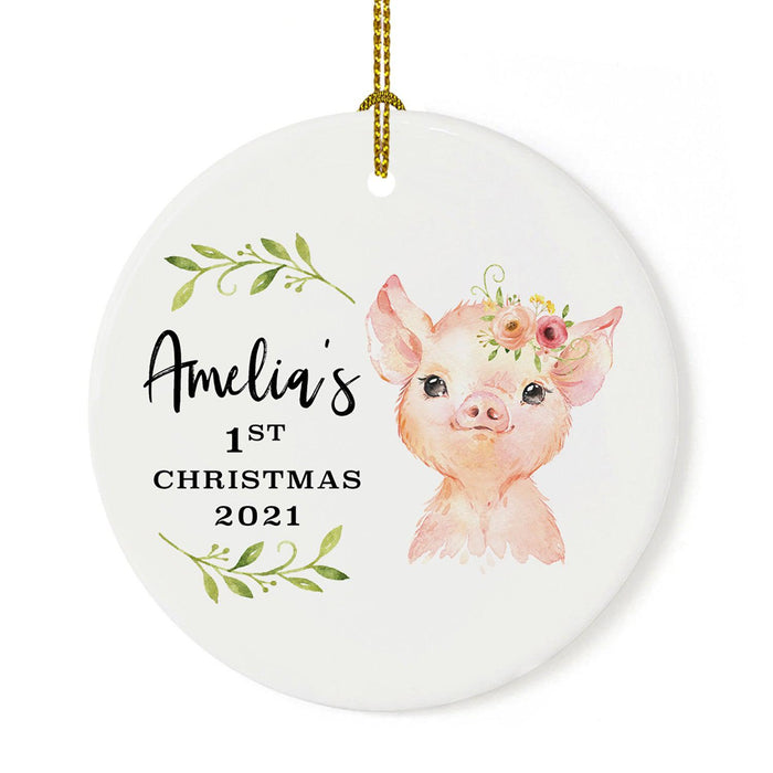 Custom 1st Christmas Tree Ornament 20XX Round Ceramic Baby's First Christmas Ornament-Set of 1-Andaz Press-Piglet with Florals-