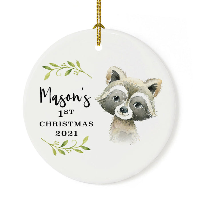 Custom 1st Christmas Tree Ornament 20XX Round Ceramic Baby's First Christmas Ornament-Set of 1-Andaz Press-Raccoon-