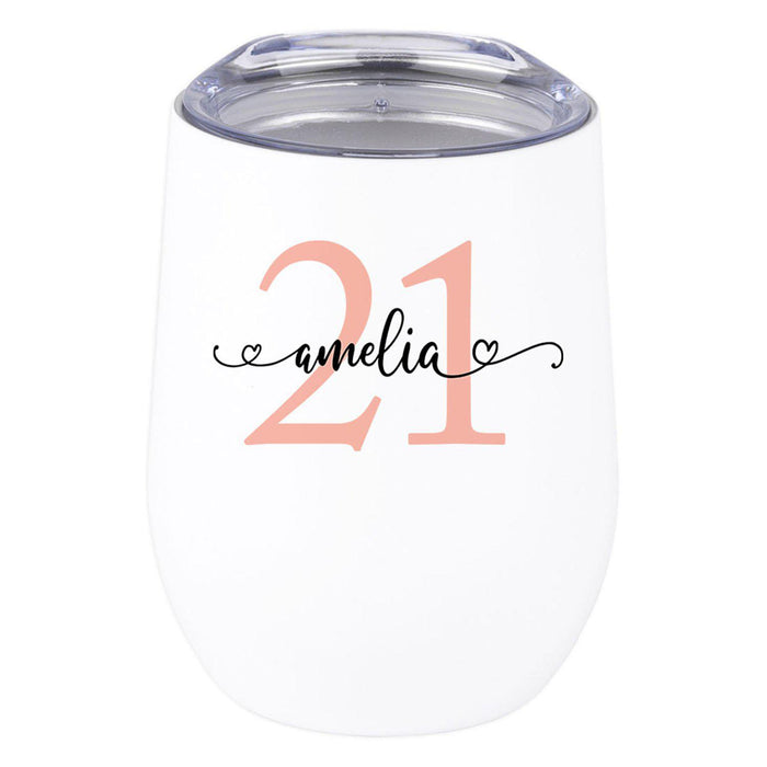 Custom 21st Birthday Wine Tumbler with Lid 12oz Stemless Stainless Steel Insulated-Set of 1-Andaz Press-Custom Blush Pink 21-