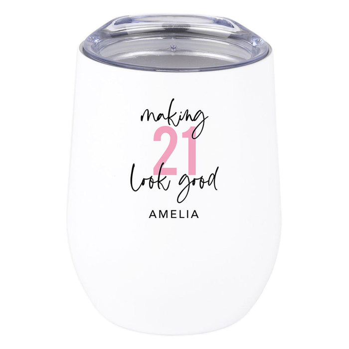 Custom 21st Birthday Wine Tumbler with Lid 12oz Stemless Stainless Steel Insulated-Set of 1-Andaz Press-Custom Blush Pink 21-