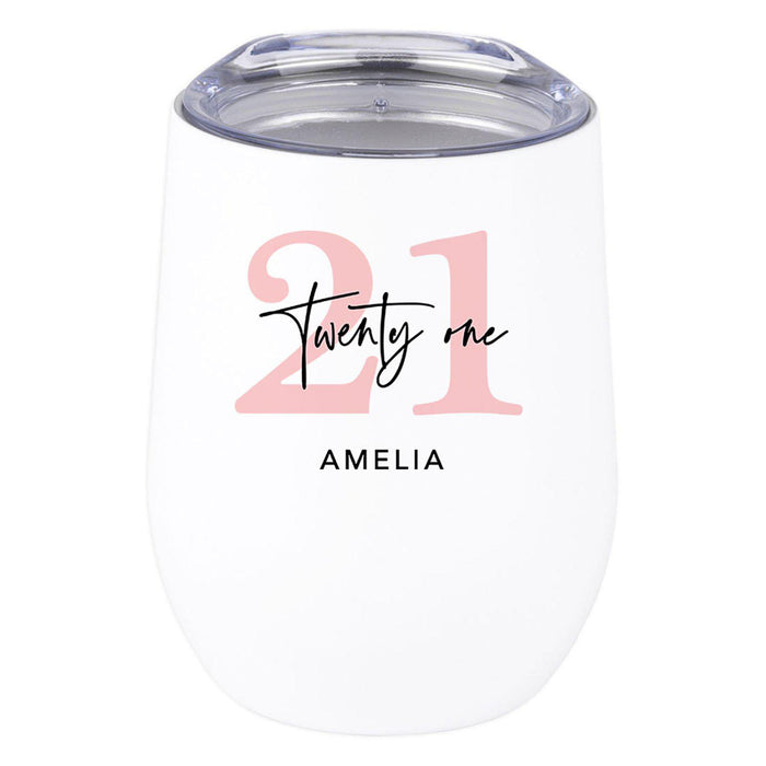 Custom 21st Birthday Wine Tumbler with Lid 12oz Stemless Stainless Steel Insulated-Set of 1-Andaz Press-Custom Blush Pink 21-