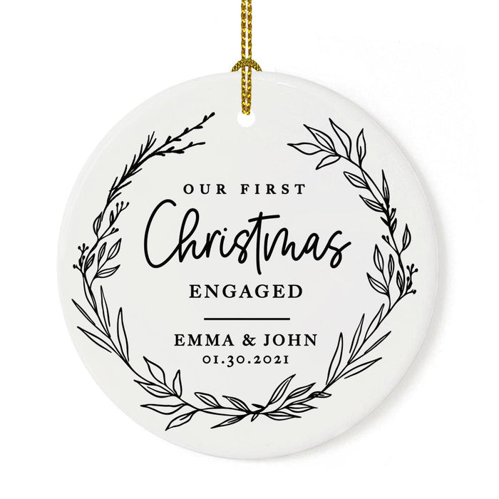 Custom 2.8" Round Porcelain Our First Christmas Engaged 20XX Christmas Ornaments - Newly Engaged Couple-Set of 1-Andaz Press-Modern Black and White-