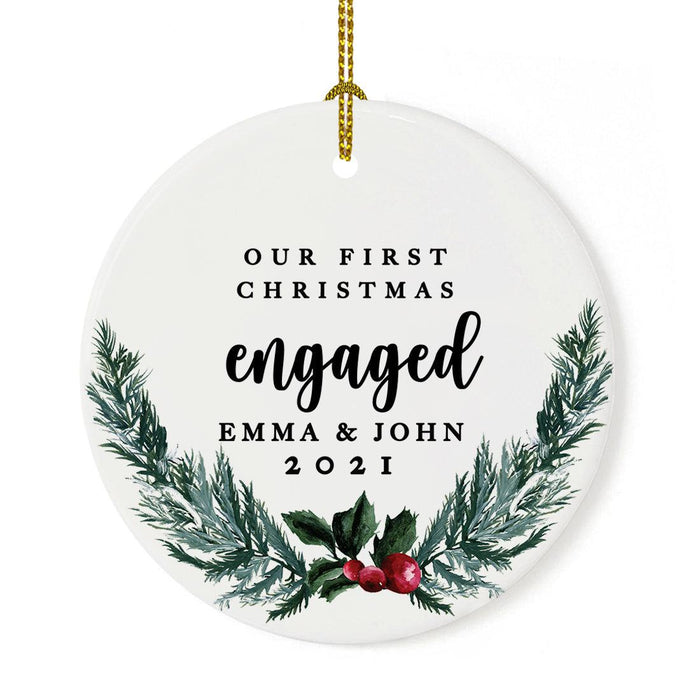 Custom 2.8" Round Porcelain Our First Christmas Engaged 20XX Christmas Ornaments - Newly Engaged Couple-Set of 1-Andaz Press-Modern Black and White-