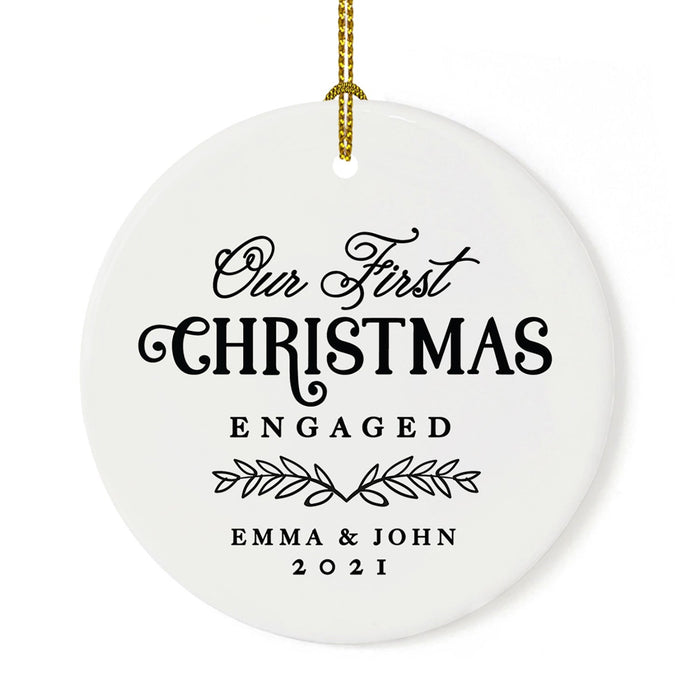 Custom 2.8" Round Porcelain Our First Christmas Engaged 20XX Christmas Ornaments - Newly Engaged Couple-Set of 1-Andaz Press-Modern Black and White-