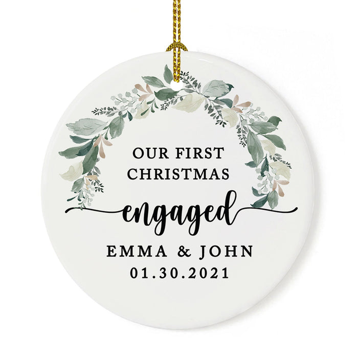 Custom 2.8" Round Porcelain Our First Christmas Engaged 20XX Christmas Ornaments - Newly Engaged Couple-Set of 1-Andaz Press-Foliage Wreath-