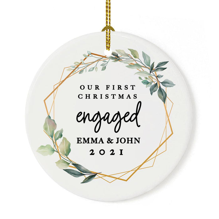 Custom 2.8" Round Porcelain Our First Christmas Engaged 20XX Christmas Ornaments - Newly Engaged Couple-Set of 1-Andaz Press-Geometric Greenery-