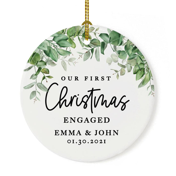 Custom 2.8" Round Porcelain Our First Christmas Engaged 20XX Christmas Ornaments - Newly Engaged Couple-Set of 1-Andaz Press-Greenery-