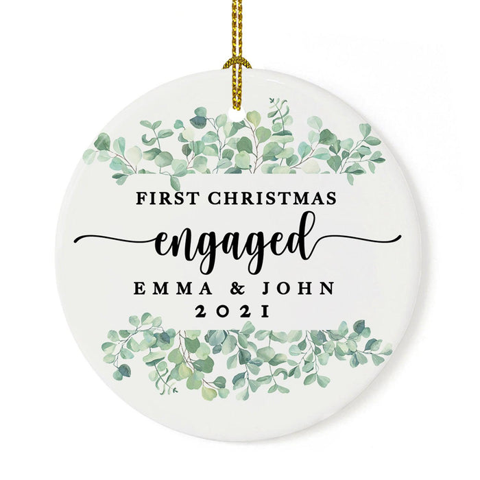 Custom 2.8" Round Porcelain Our First Christmas Engaged 20XX Christmas Ornaments - Newly Engaged Couple-Set of 1-Andaz Press-Greenery Eucalyptus-