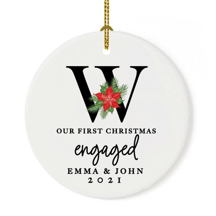 Custom 2.8" Round Porcelain Our First Christmas Engaged 20XX Christmas Ornaments - Newly Engaged Couple-Set of 1-Andaz Press-Monogram Poinsettia-