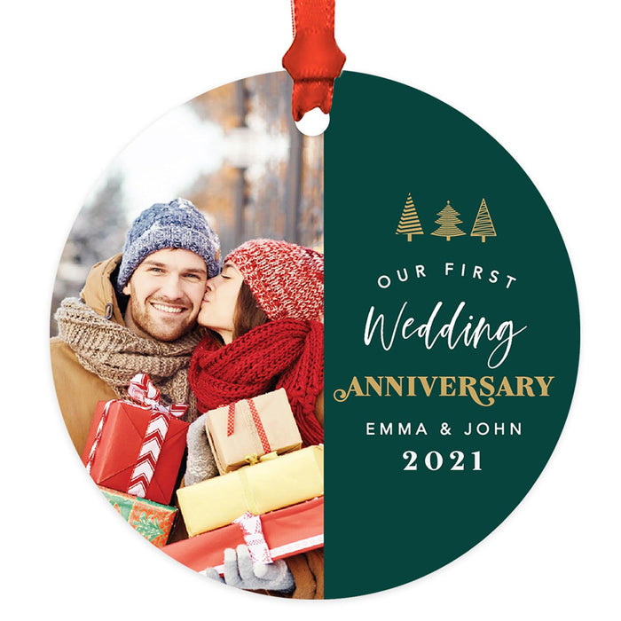 Custom 3.5" Round Metal Photo Anniversary Ornament 20xx, Our 1st Wedding Anniversary, Keepsake for Newlywed-Set of 1-Andaz Press-White Snowflakes-
