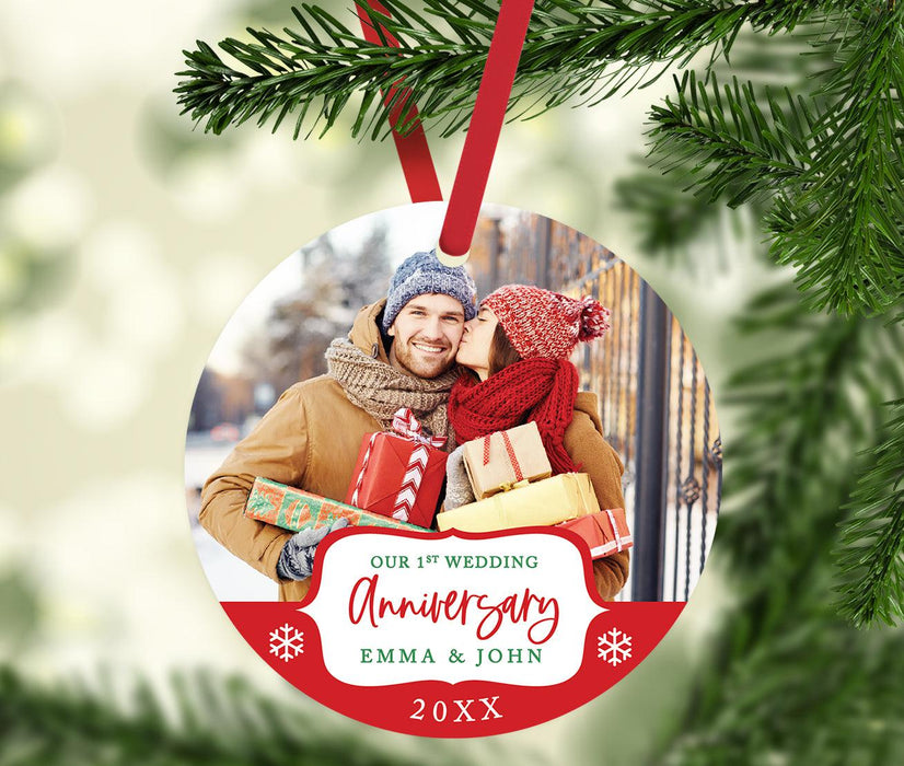 Custom 3.5" Round Metal Photo Anniversary Ornament 20xx, Our 1st Wedding Anniversary, Keepsake for Newlywed-Set of 1-Andaz Press-White Snowflakes-