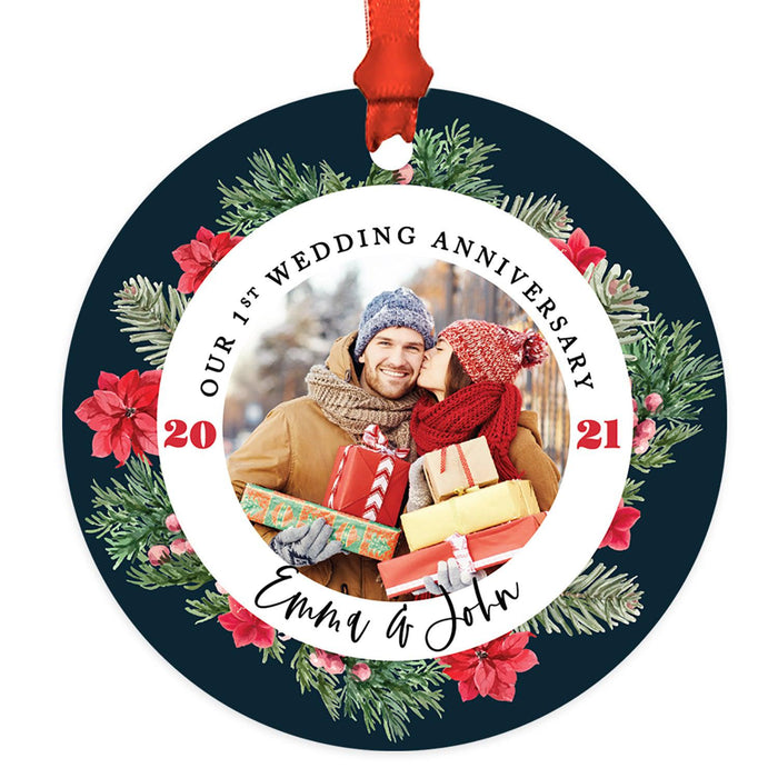 Custom 3.5" Round Metal Photo Anniversary Ornament 20xx, Our 1st Wedding Anniversary, Keepsake for Newlywed-Set of 1-Andaz Press-White Snowflakes-