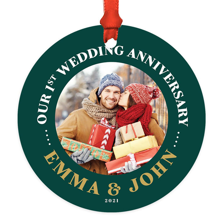 Custom 3.5" Round Metal Photo Anniversary Ornament 20xx, Our 1st Wedding Anniversary, Keepsake for Newlywed-Set of 1-Andaz Press-White Snowflakes-