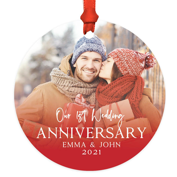 Custom 3.5" Round Metal Photo Anniversary Ornament 20xx, Our 1st Wedding Anniversary, Keepsake for Newlywed-Set of 1-Andaz Press-White Snowflakes-