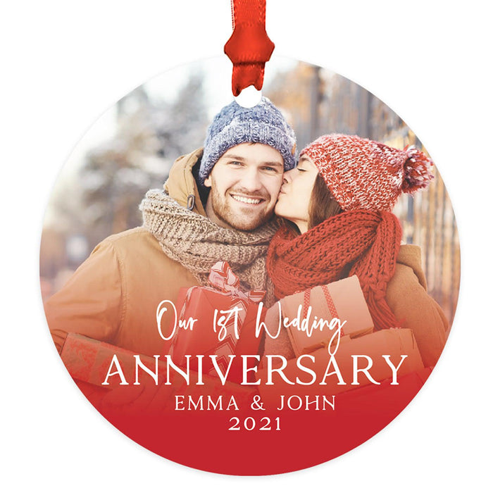 Custom 3.5" Round Metal Photo Anniversary Ornament 20xx, Our 1st Wedding Anniversary, Keepsake for Newlywed-Set of 1-Andaz Press-Christmas Red-