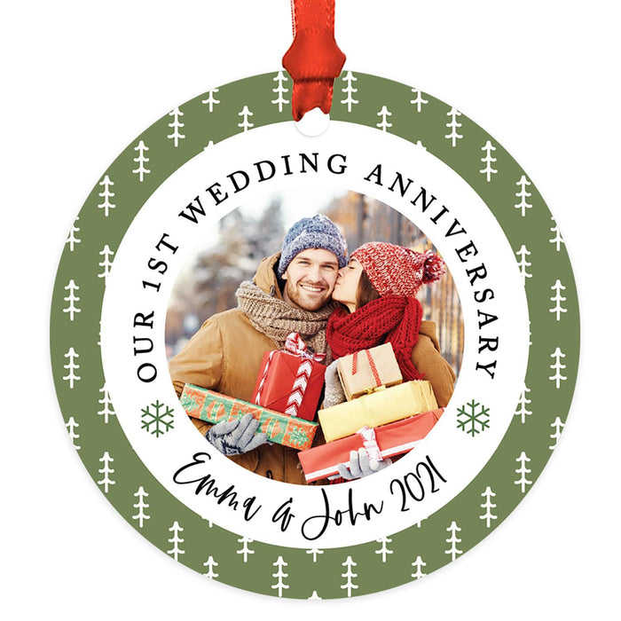 Custom 3.5" Round Metal Photo Anniversary Ornament 20xx, Our 1st Wedding Anniversary, Keepsake for Newlywed-Set of 1-Andaz Press-Green Snowflakes-