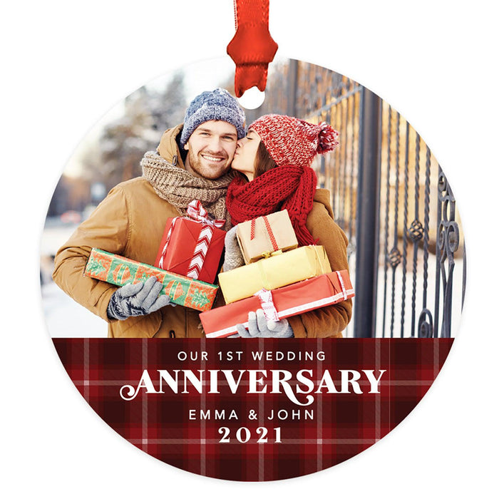 Custom 3.5" Round Metal Photo Anniversary Ornament 20xx, Our 1st Wedding Anniversary, Keepsake for Newlywed-Set of 1-Andaz Press-Plaid-