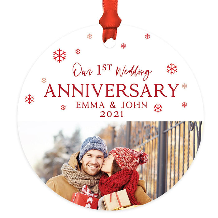 Custom 3.5" Round Metal Photo Anniversary Ornament 20xx, Our 1st Wedding Anniversary, Keepsake for Newlywed-Set of 1-Andaz Press-Red Snowflakes-