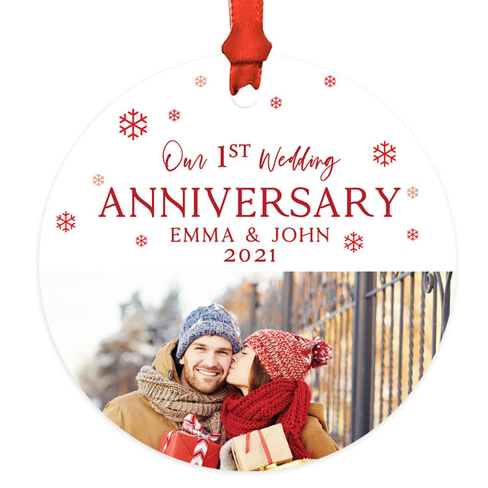 Custom 3.5" Round Metal Photo Anniversary Ornament 20xx, Our 1st Wedding Anniversary, Keepsake for Newlywed-Set of 1-Andaz Press-Red Snowflakes-