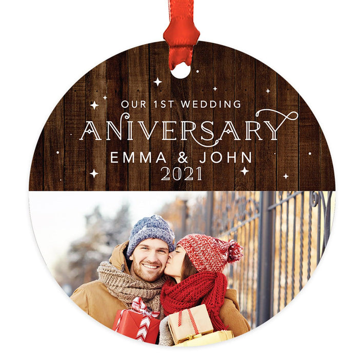 Custom 3.5" Round Metal Photo Anniversary Ornament 20xx, Our 1st Wedding Anniversary, Keepsake for Newlywed-Set of 1-Andaz Press-Rustic Wood & Stars-