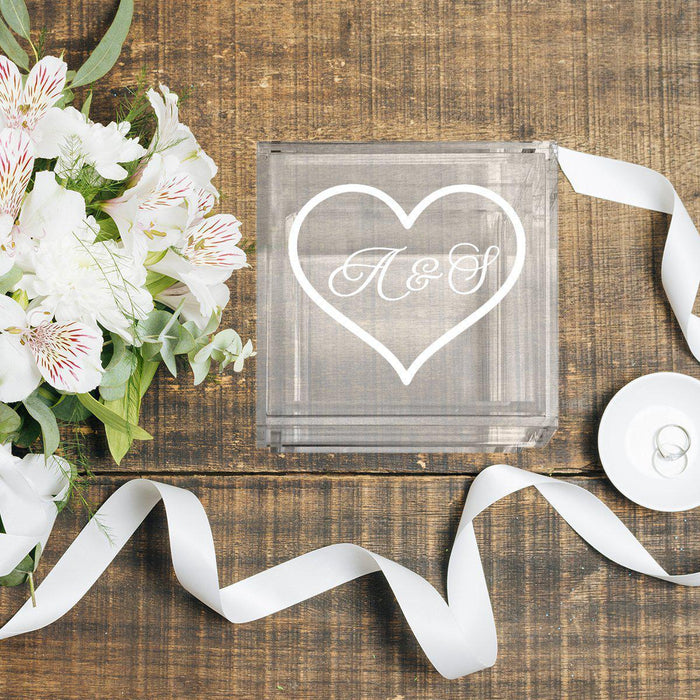 Custom Acrylic Wedding Ring Box, 2 Ring Slot, Ring Box Display for Wedding-Set of 1-Andaz Press-Couples Monogram, Heart Design-