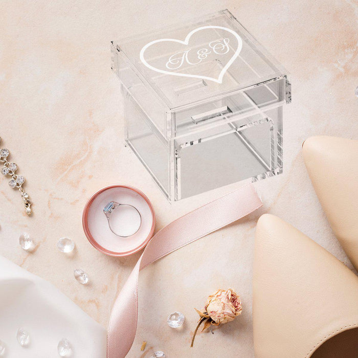 Custom Acrylic Wedding Ring Box, 2 Ring Slot, Ring Box Display for Wedding-Set of 1-Andaz Press-Couples Monogram, Heart Design-