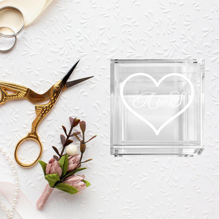 Custom Acrylic Wedding Ring Box, 2 Ring Slot, Ring Box Display for Wedding-Set of 1-Andaz Press-Couples Monogram, Heart Design-