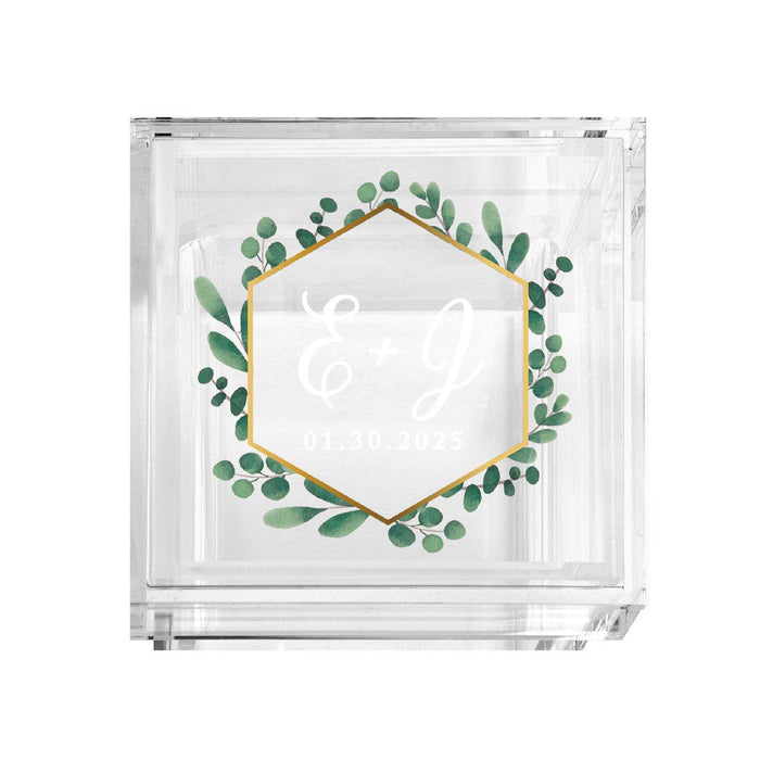 Custom Acrylic Wedding Ring Box, 2 Ring Slot, Ring Box Display for Wedding-Set of 1-Andaz Press-Geometric Gold Frame with Eucalyptus Leaves-