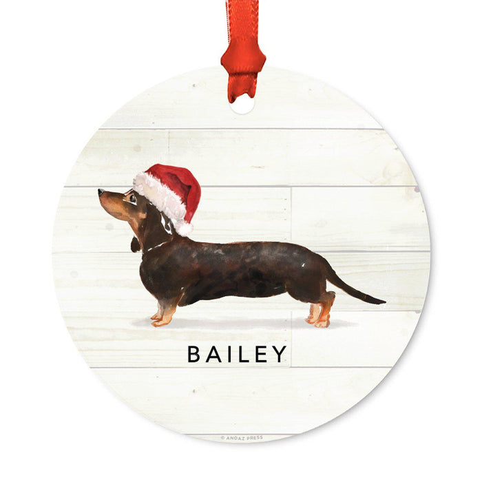 Custom Animal Pet Dog Metal Christmas Ornament, with Santa Hat-Set of 1-Andaz Press-Black and Tan Dachshund-