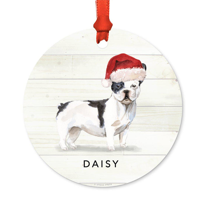 Custom Animal Pet Dog Metal Christmas Ornament, with Santa Hat-Set of 1-Andaz Press-Black and White French Bulldog-