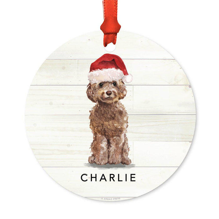 Custom Animal Pet Dog Metal Christmas Ornament, with Santa Hat-Set of 1-Andaz Press-Brown Cockapoo-
