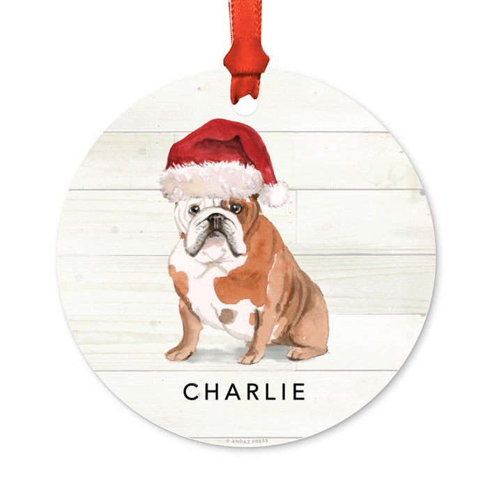 Custom Animal Pet Dog Metal Christmas Ornament, with Santa Hat-Set of 1-Andaz Press-English Bulldog-