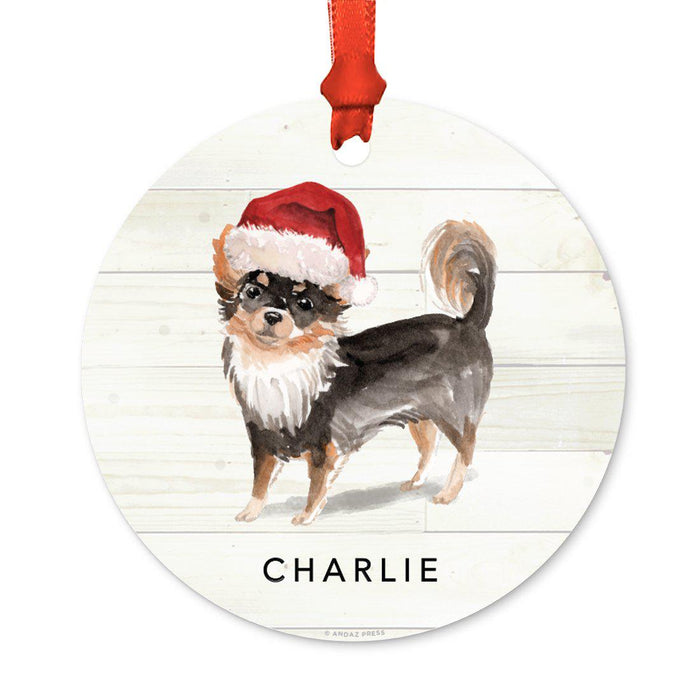 Custom Animal Pet Dog Metal Christmas Ornament, with Santa Hat-Set of 1-Andaz Press-Long Haired Chihuahua-