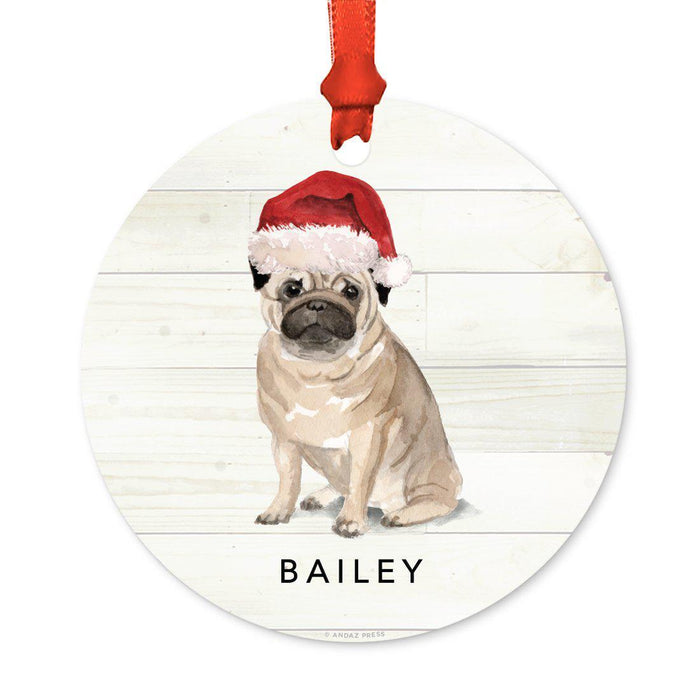 Custom Animal Pet Dog Metal Christmas Ornament, with Santa Hat-Set of 1-Andaz Press-Pug-