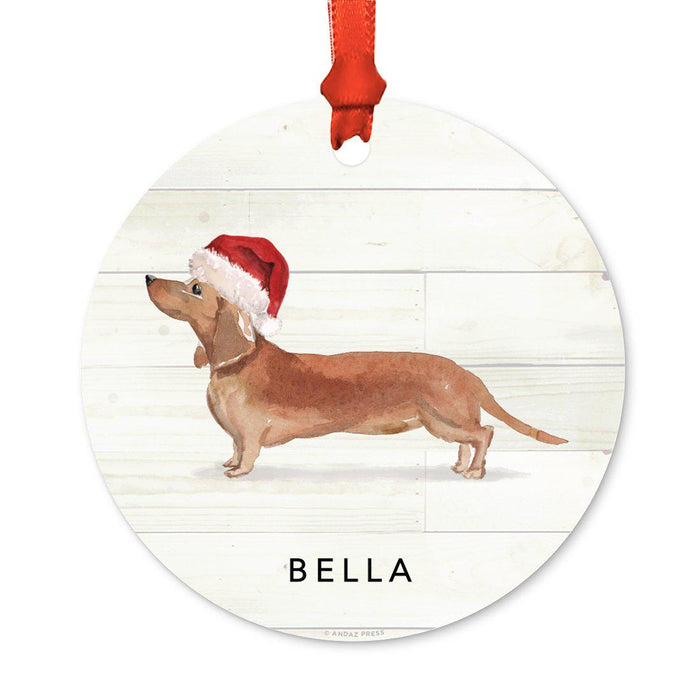 Custom Animal Pet Dog Metal Christmas Ornament, with Santa Hat-Set of 1-Andaz Press-Tan Dachshund-