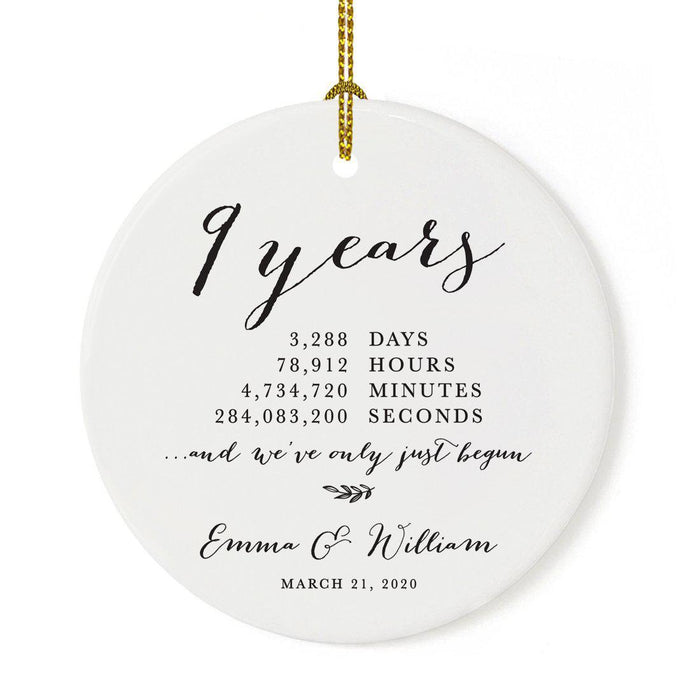 Custom Anniversary Years Days Hours Minutes White Custom Porcelain Round Ornaments Design 1-Set of 1-Andaz Press-9 Years-