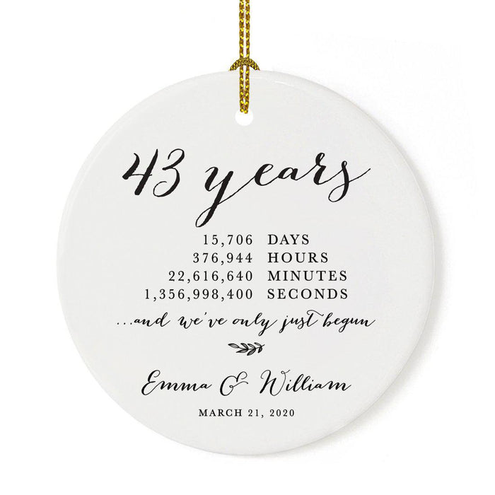 Custom Anniversary Years Days Hours Minutes White Custom Porcelain Round Ornaments Design 2-Set of 1-Andaz Press-43 Years-