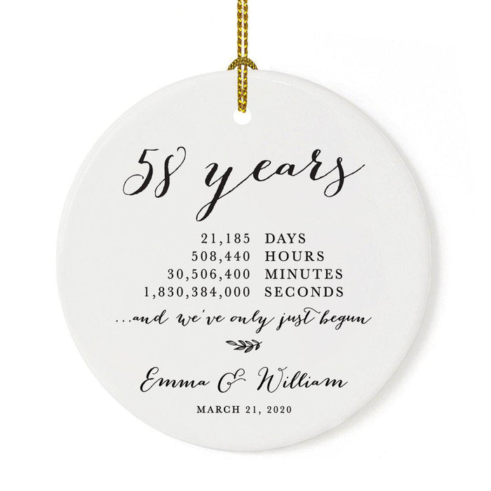 Custom Anniversary Years Days Hours Minutes White Custom Porcelain Round Ornaments Design 2-Set of 1-Andaz Press-58 Years-