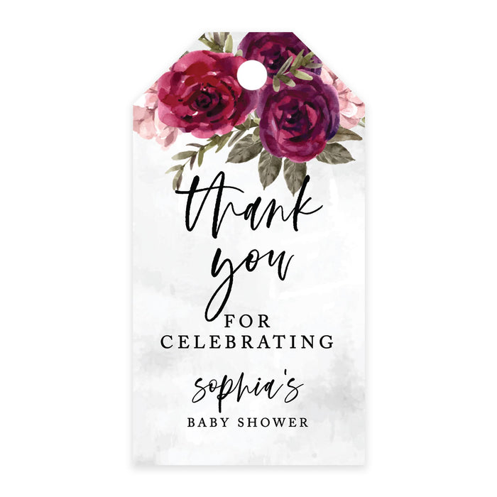Custom Baby Shower Favor Tags, Thank you for Celebrating Gift Tags with Bakers Twine, 2 x 3.75-Inches-Set of 100-Andaz Press-Burgundy Florals-
