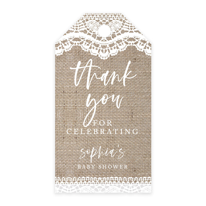 Custom Baby Shower Favor Tags, Thank you for Celebrating Gift Tags with Bakers Twine, 2 x 3.75-Inches-Set of 100-Andaz Press-Burlap Lace-