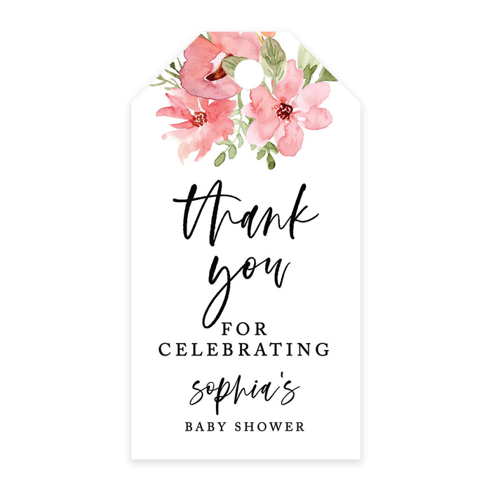 Custom Baby Shower Favor Tags, Thank you for Celebrating Gift Tags with Bakers Twine, 2 x 3.75-Inches-Set of 100-Andaz Press-Coral Watercolor Florals-