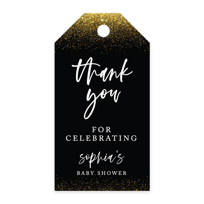 Custom Baby Shower Favor Tags, Thank you for Celebrating Gift Tags with Bakers Twine, 2 x 3.75-Inches-Set of 100-Andaz Press-Gold Glitter With Black-
